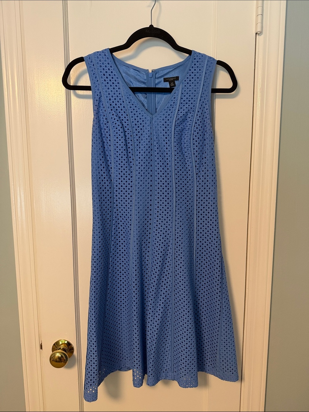 Ann Taylor Petites Perforated V‑Neck A‑Line Dress in Light Blue